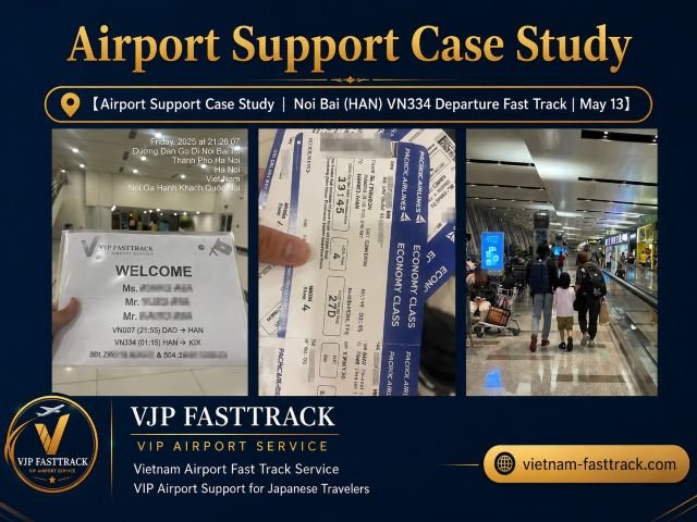 Immigration, domestic connection, and departure airport support for a family traveling in Vietnam with a young child